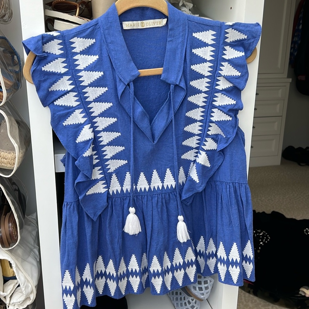 Blue and White Ruffled Top with Tassels